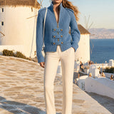 Exquisite Retro Stand-up Collar Zip-up Button Blue Knit Officer Jacket