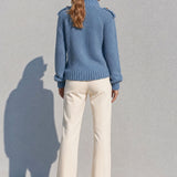 Exquisite Retro Stand-up Collar Zip-up Button Blue Knit Officer Jacket