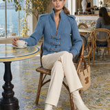 Exquisite Retro Stand-up Collar Zip-up Button Blue Knit Officer Jacket