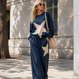 Stylish Casual Star-Print Blue Sweatshirt And Wide-Leg Pants Cotton Set