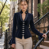 Victorian Navy Corduroy Jacket Women Lace Trim V-Neck Fitted Fall Blazer