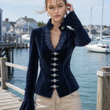 Victorian Navy Corduroy Jacket Women Lace Trim V-Neck Fitted Fall Blazer