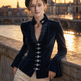 Victorian Navy Corduroy Jacket Women Lace Trim V-Neck Fitted Fall Blazer