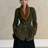 Olive Washed Peplum Utility Jacket With Corduroy Shawl Collar