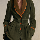Olive Washed Peplum Utility Jacket With Corduroy Shawl Collar