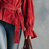 Trendy Retro Red Lapel Tie-up Ruffled Cuff Faux Suede Jacket