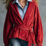 Trendy Retro Red Lapel Tie-up Ruffled Cuff Faux Suede Jacket