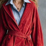 Trendy Retro Red Lapel Tie-up Ruffled Cuff Faux Suede Jacket