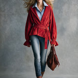 Trendy Retro Red Lapel Tie-up Ruffled Cuff Faux Suede Jacket