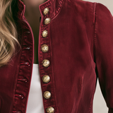 Women's Burgundy Denim Military-style Blazer With Gold Buttons