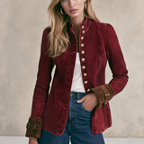 Women's Burgundy Denim Military-style Blazer With Gold Buttons