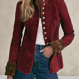 Women's Burgundy Denim Military-style Blazer With Gold Buttons