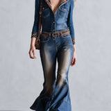 Women's Blue Denim Hooded Flared Jumpsuit with Plaid Trim