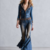 Women's Blue Denim Hooded Flared Jumpsuit with Plaid Trim