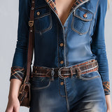 Women's Blue Denim Hooded Flared Jumpsuit with Plaid Trim