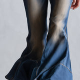 Women's Blue Denim Hooded Flared Jumpsuit with Plaid Trim