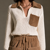 Women's Crochet Panel Casual Collared Top MDZ0119I8GMJ