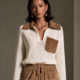 Women's Crochet Panel Casual Collared Top MDZ0119I8GMJ