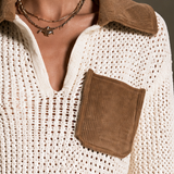 Women's Crochet Panel Casual Collared Top MDZ0119I8GMJ
