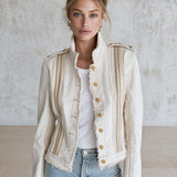 Casual Retro Frayed Off-white Denim Military Style Jacket