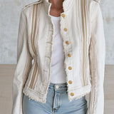 Casual Retro Frayed Off-white Denim Military Style Jacket