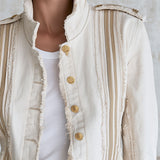 Casual Retro Frayed Off-white Denim Military Style Jacket