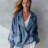 Stylish Collared Blue Denim Zip-Up Bomber Jacket