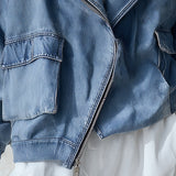 Stylish Collared Blue Denim Zip-Up Bomber Jacket