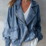 Stylish Collared Blue Denim Zip-Up Bomber Jacket
