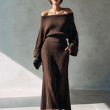 Women's Off-Shoulder Knit Top And Midi Skirt Set MDZ0232I9ZRK