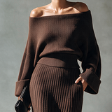Women's Off-Shoulder Knit Top And Midi Skirt Set MDZ0232I9ZRK