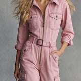 Stylish Retro Pink Collared Zipper Belt Multi-Pocket Denim Jumpsuit