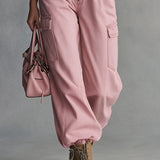 Stylish Retro Pink Collared Zipper Belt Multi-Pocket Denim Jumpsuit
