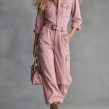 Stylish Retro Pink Collared Zipper Belt Multi-Pocket Denim Jumpsuit