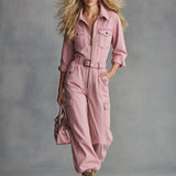 Stylish Retro Pink Collared Zipper Belt Multi-Pocket Denim Jumpsuit