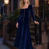 Royal Blue Velvet Pleated Skirt Set With A Retro Casual And Elegant Style