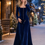 Royal Blue Velvet Pleated Skirt Set With A Retro Casual And Elegant Style