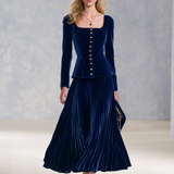 Royal Blue Velvet Pleated Skirt Set With A Retro Casual And Elegant Style