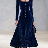 Royal Blue Velvet Pleated Skirt Set With A Retro Casual And Elegant Style