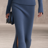Retro-chic Blue Knitted Skirt Set With An Oversized Collar