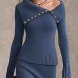 Retro-chic Blue Knitted Skirt Set With An Oversized Collar