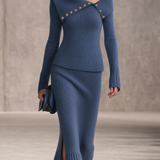 Retro-chic Blue Knitted Skirt Set With An Oversized Collar