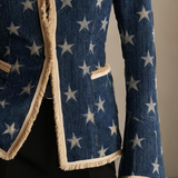 Women’s Star Print Fringe Denim Blazer Western Statement Jacket