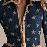 Women’s Star Print Fringe Denim Blazer Western Statement Jacket