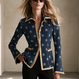 Women’s Star Print Fringe Denim Blazer Western Statement Jacket