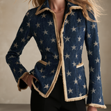Women’s Star Print Fringe Denim Blazer Western Statement Jacket