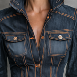 Women’s Fitted Dark Wash Denim Jacket With Orange Contrast Stitching