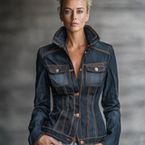 Women’s Fitted Dark Wash Denim Jacket With Orange Contrast Stitching