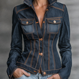 Women’s Fitted Dark Wash Denim Jacket With Orange Contrast Stitching