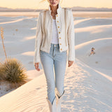 Casual Retro Frayed Off-white Denim Military Style Jacket